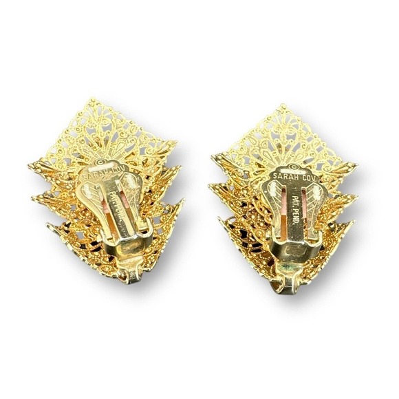 Vintage Sarah Cov EARRINGS Clip On Gold Tone Filigree - Picture 4 of 8